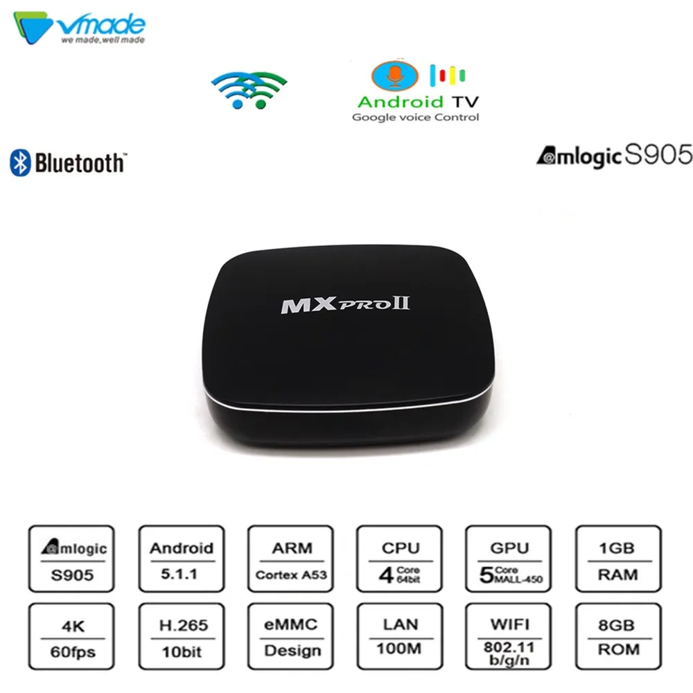Vmade MXPROII 1+8GB Amlogic S905 Quad Core Mini TV Box UHD 4K Android 5.1 OS Octa Core WiFi Media Player Google TV Set-Top Box
Vmade MXPROII 1+8GB Amlogic S905 Quad Core Mini TV Box UHD 4K Android 5.1 OS Octa Core WiFi Media Player Google TV Set-Top Box