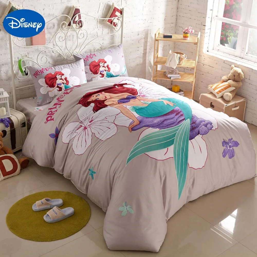 Disney Cartoon Little Mermaid Ariel Printed Grey Bedding Sets For