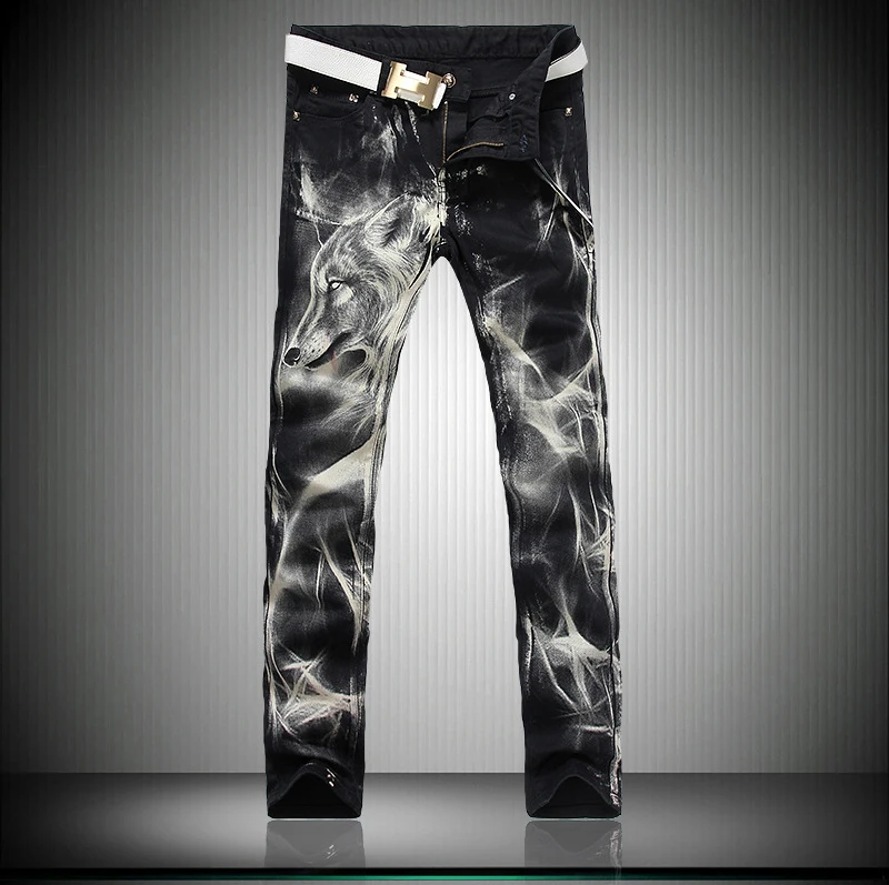 Mens Spring Autumn Wolf Printing Jeans Slim Fit Straight Large Size Black Male Denim Pants Nightclubs Singers Cowboy Pant D458
Mens Spring Autumn Wolf Printing Jeans Slim Fit Straight Large Size Black Male Denim Pants Nightclubs Singers Cowboy Pant D458