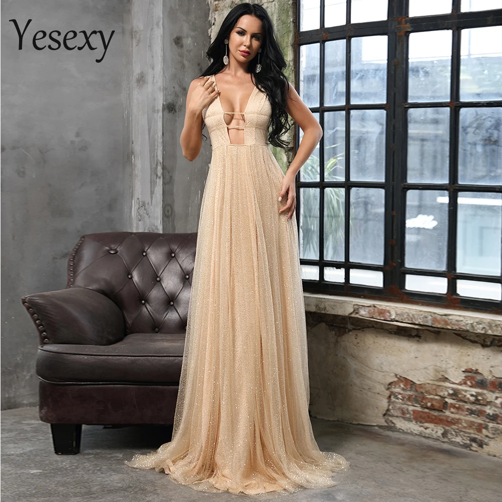 

Yesexy 2019 Sexy Deep V Neck Women Off Shoulder Glitter Dress Female Maxi Party Dress Vestdios VR18455