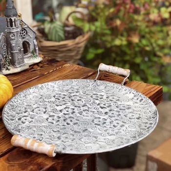 Handcrafted Round Flat Metal Plate Retro Dessert Cake Bread Plate Decorative Antique Serving Tray With Wood Handles Restaurant
Handcrafted Round Flat Metal Plate Retro Dessert Cake Bread Plate Decorative Antique Serving Tray With Wood Handles Restaurant