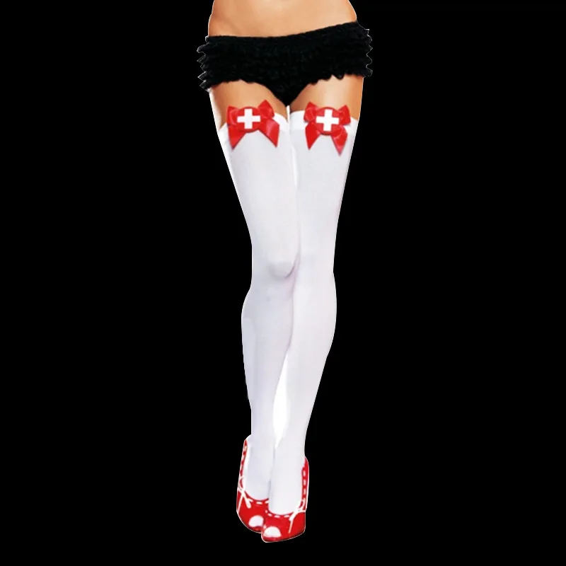 

Sexy White Nurse Maid Fantasy Opaque Role Play Thigh-High Stockings with Red Bow Top Erotic Game Lingerie Cosplay Costume