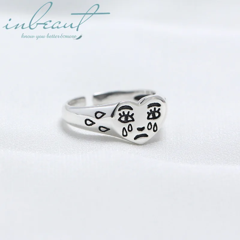inbeaut S925 Sterling Silver Crying Tears Heart Face Ring Original Design Cool Cartoon Figure for Women Korea Jewelry | Украшения и