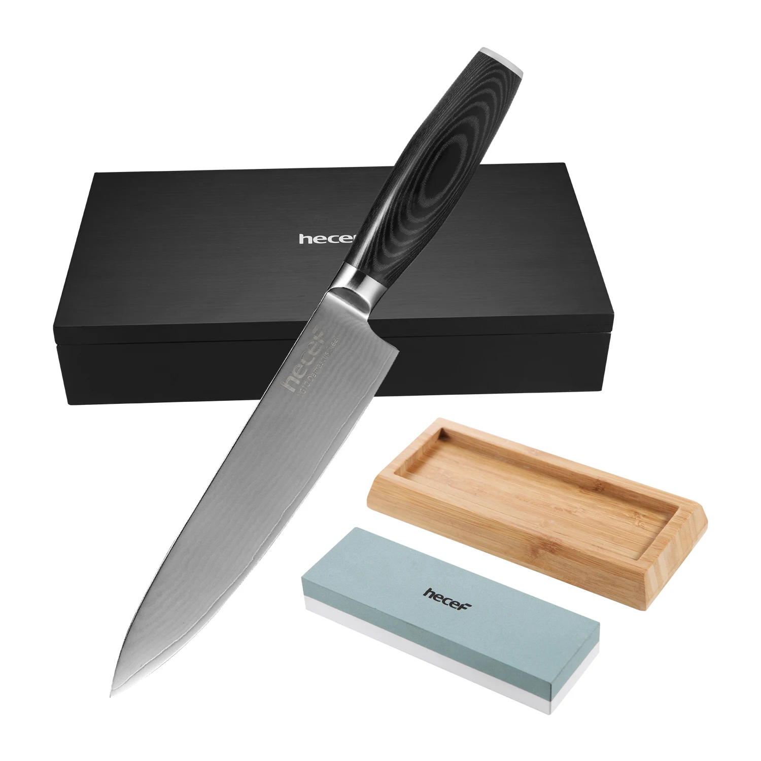 Hecef 8-Inch Chef Knife, Damascus Kitchen Knife-Steel Blade VG10 with High Carbon Content-Sharpening Stone, 1000/400 grains
Hecef 8-Inch Chef Knife, Damascus Kitchen Knife-Steel Blade VG10 with High Carbon Content-Sharpening Stone, 1000/400 grains