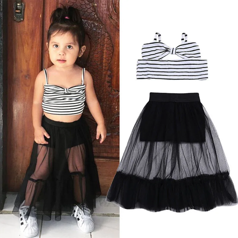 2Pcs Kids Baby Girls Clothes arrival Black White Striped Tops Sleeveless Crop Tops Black Mesh Perspective High Waist Tutu Skirt
2Pcs Kids Baby Girls Clothes arrival Black White Striped Tops Sleeveless Crop Tops Black Mesh Perspective High Waist Tutu Skirt