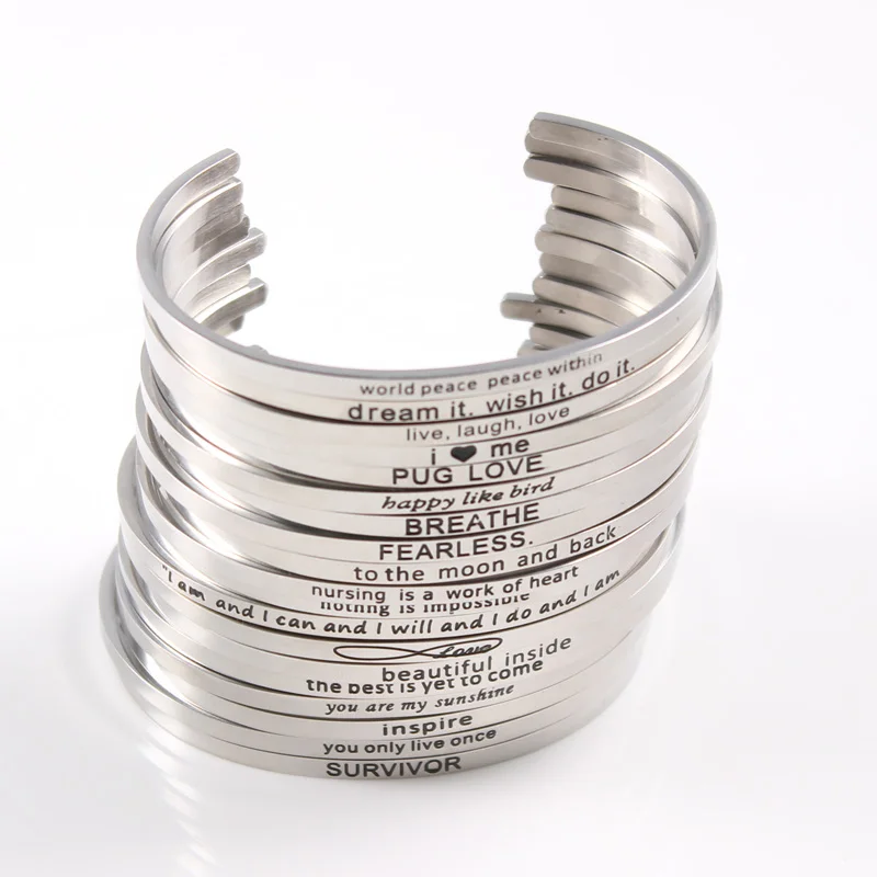 Inspirational Text Engraved Stainless Steel Bar Bangles Silver Mantra Bracelets Initial Bracelets& Bangles Game Reward Wholesale
Inspirational Text Engraved Stainless Steel Bar Bangles Silver Mantra Bracelets Initial Bracelets& Bangles Game Reward Wholesale