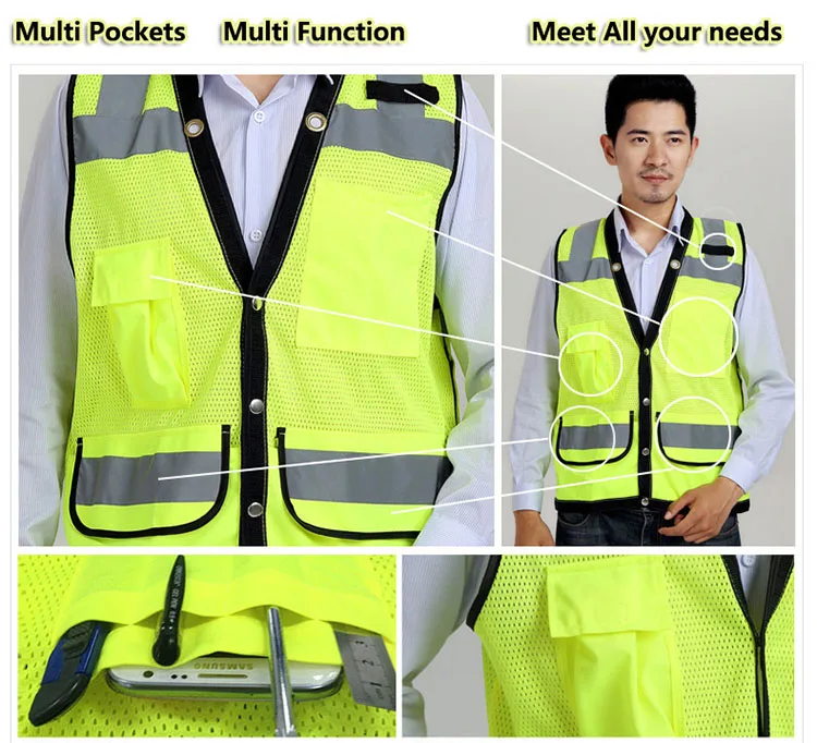 CCGK Reflective Vest High Visibility Safety Clothing Multi pockets Mesh Breathable Fluorescent Clothes Outdoor Workwear Sporting (8)