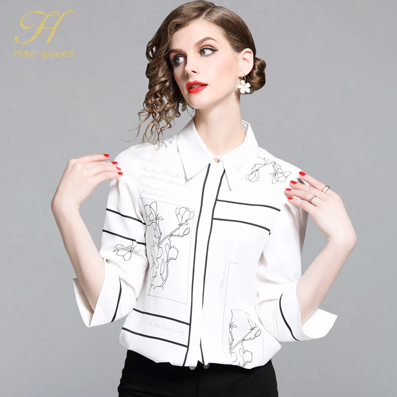 H Han Queen Women Vintage Print Blouses Ladies White Tops Turn-down Collar Chiffon Casual Blouse Female Work Wear Office Shirts
H Han Queen Women Vintage Print Blouses Ladies White Tops Turn-down Collar Chiffon Casual Blouse Female Work Wear Office Shirts