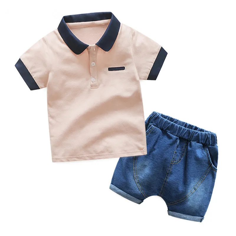 Фото Tem Doge Boy Clothing Sets Summer Kids Boys Clothes Set Solid T-shirt+Denim Short 2PCS Children Outfits Toddler | Мать и ребенок
