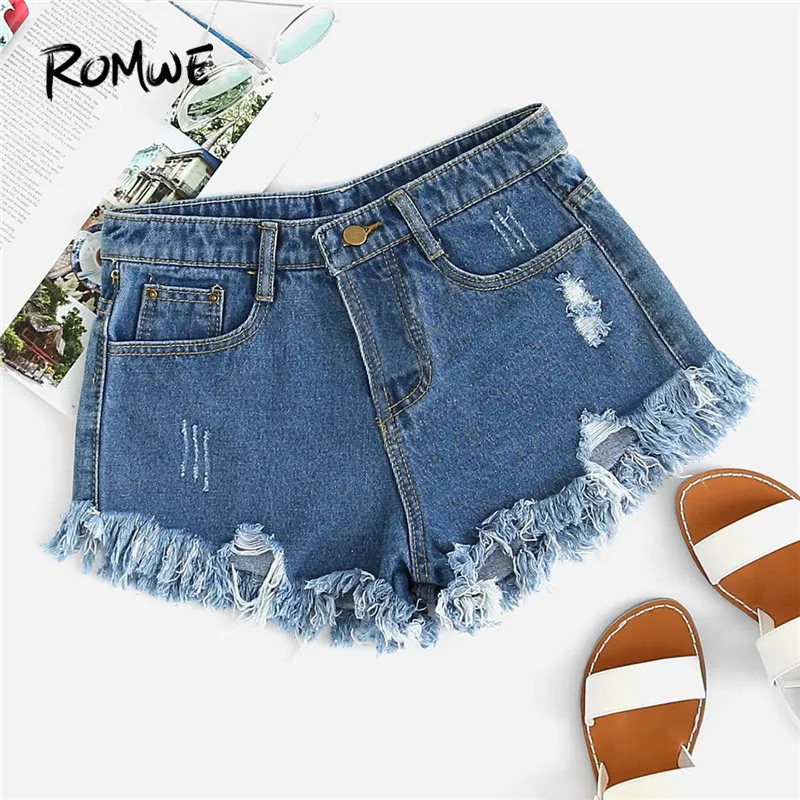 

ROMWE Women Ripped Frayed Hem Summer Blue Denim Shorts 2019 Female Casual Mid Waist Button Fly Regular Fit Solid Jeans Shorts