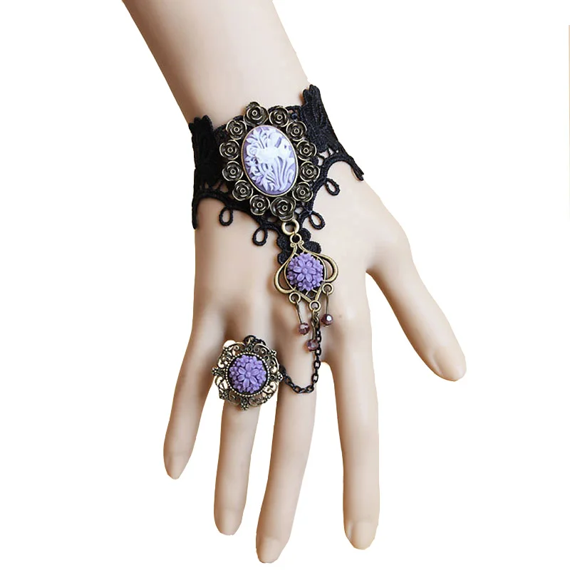 Handmade Purple Flower Rose Resin Black Lace Bracelet & Adjustable Ring Slave Set Wristband Lolita Gothic Vintage Accessories
Handmade Purple Flower Rose Resin Black Lace Bracelet & Adjustable Ring Slave Set Wristband Lolita Gothic Vintage Accessories