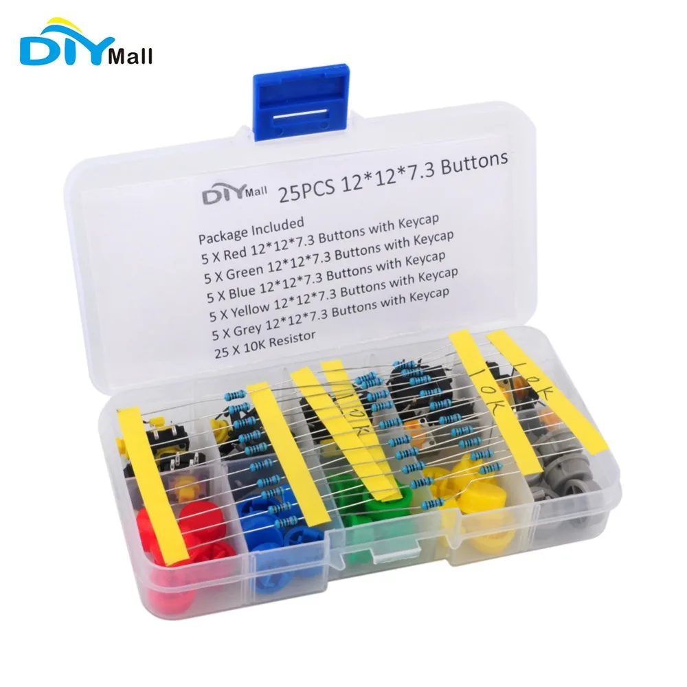 DIYmall 25pcs Tactile Push Button Tact Switch 12*12*7.3mm Assortment 5 Colors 10K Resistor for Breadboard Programming DIY0036
DIYmall 25pcs Tactile Push Button Tact Switch 12*12*7.3mm Assortment 5 Colors 10K Resistor for Breadboard Programming DIY0036