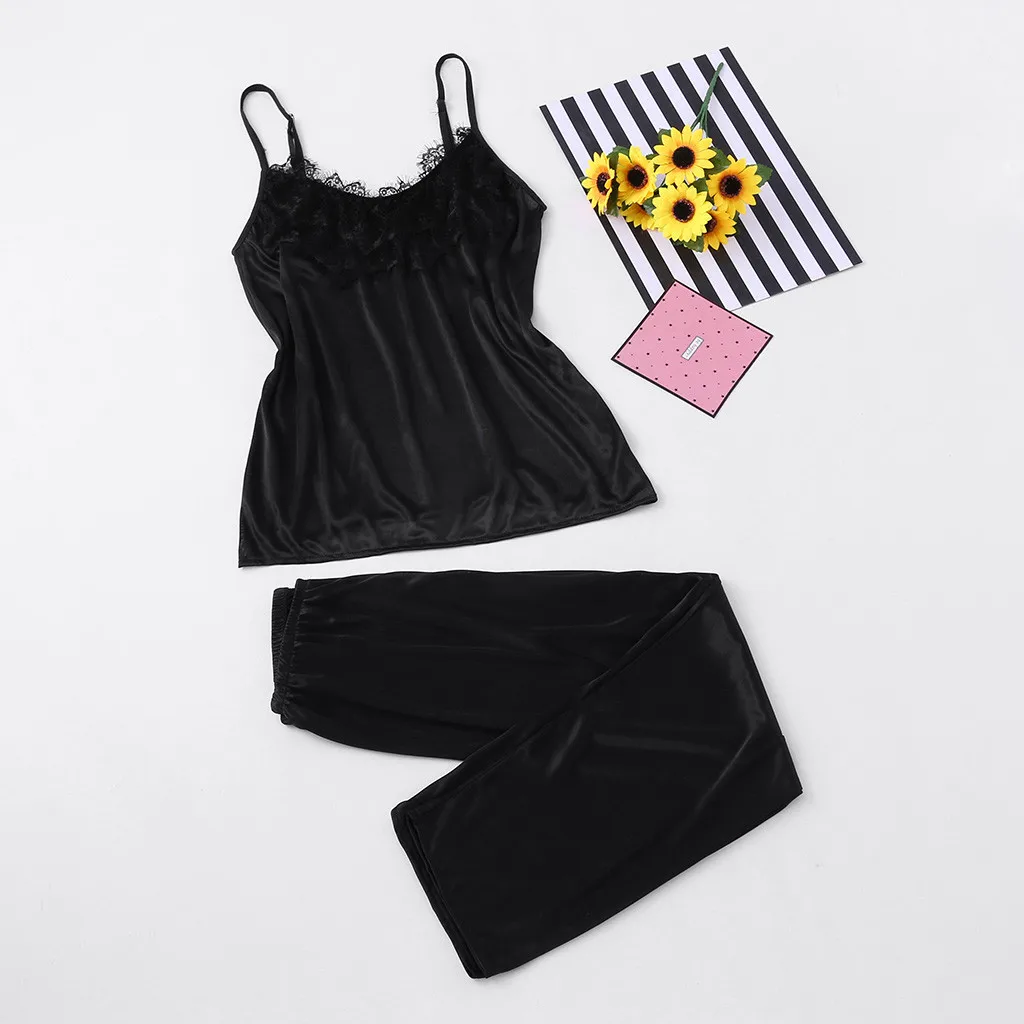 2pcs New Female Sexy Silk Satin Lace Pajama Set Lingerie Spaghetti Strap Sleepwear Summer Autumn Home Wear Sleep Wear#XTN
2pcs New Female Sexy Silk Satin Lace Pajama Set Lingerie Spaghetti Strap Sleepwear Summer Autumn Home Wear Sleep Wear#XTN
