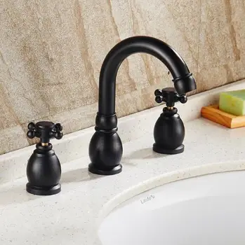 

Black Deck Mounted Three Holes Double Handles Bathroom Faucet Hot and Cold Water Basin Faucets Oil Rubbed Bronze Mixer Sink Taps