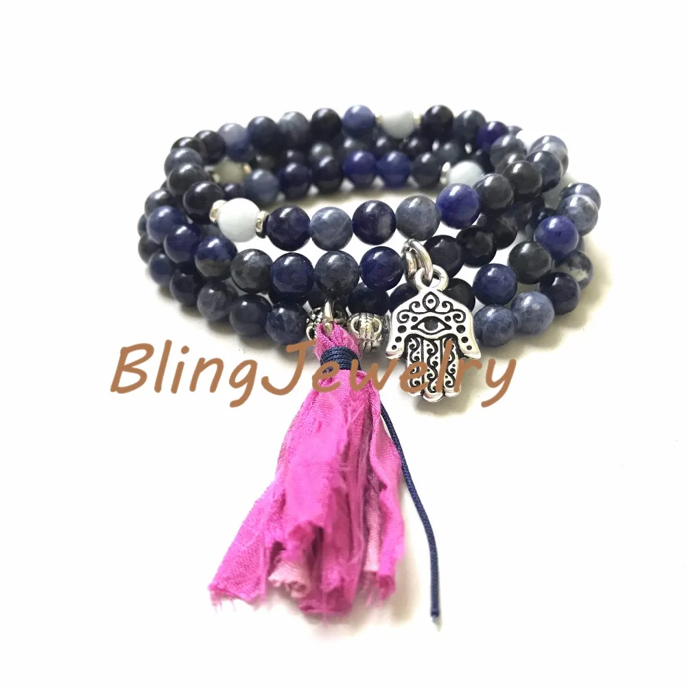 N17082543 Sodalite Mala Bead Wrap Bracelet, Mala Necklace For Self Acceptance, Aquamarine Mala, 108 Mala Bead On Stretch Cord, Sari Silk Tassel Mala6 (8)
