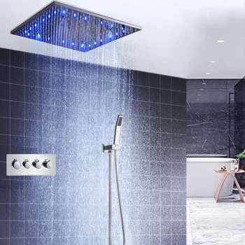

Luxury Ceiling LED Shower Faucets 20 inch Square Rain And Mist Spa Overhead Showers Panel 3 Way Thermostatic Mixer Set for bath
