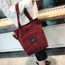 Bolsos para compras reutilizables de pana para mujer bolso de hombro Casual para mujer bolso de compras plegable de playa bolso de tela de algodón para mujer(China)