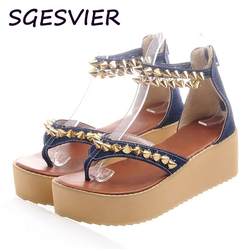 SGESVIER Denim and PU fabric The bottom of the thick Fashionable rivets adornment women sandals shoes size 30 to 43 XT100