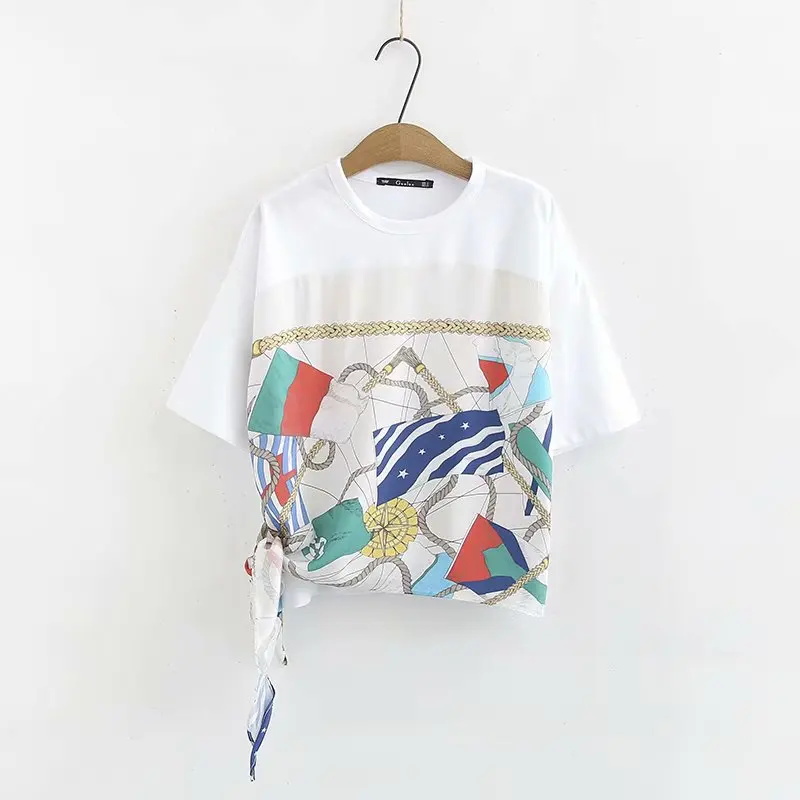 New Women fashion chain print hem bowknot casual knitting T-shirt Summer o neck short sleeve chic tops patchwork T shirt T200
New Women fashion chain print hem bowknot casual knitting T-shirt Summer o neck short sleeve chic tops patchwork T shirt T200