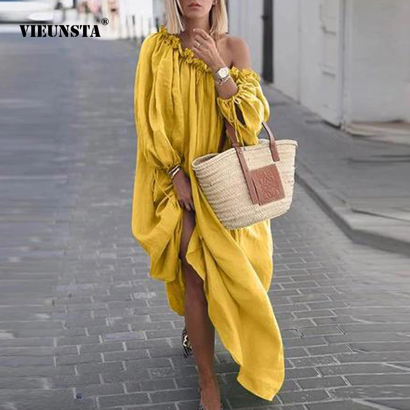 VIEUNSTA Sexy Off Shoulder Ruffles Dress Elegant Women Slash Neck Solid Beach Long Dress Autumn Long Sleeve Pleated Dress 5XL
VIEUNSTA Sexy Off Shoulder Ruffles Dress Elegant Women Slash Neck Solid Beach Long Dress Autumn Long Sleeve Pleated Dress 5XL