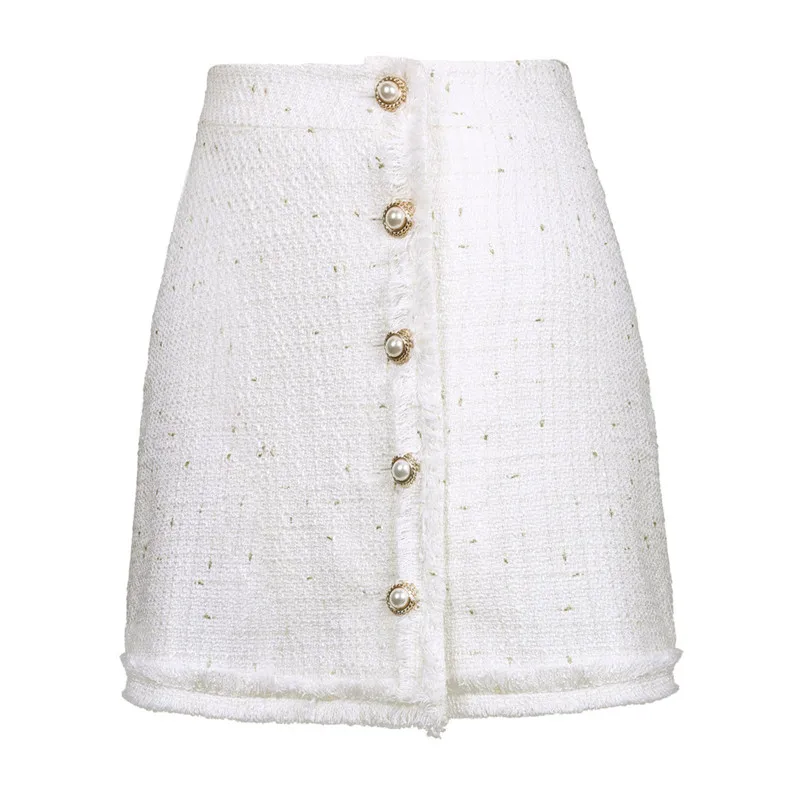 Women Casual Tweed Mini Skirt High Waist Buttons Front White Woolen