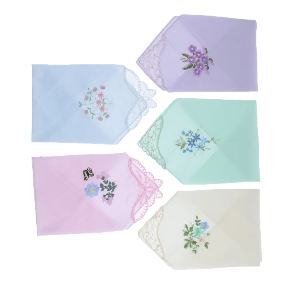 5 Pieces Women Ladies Cotton Handkerchiefs Floral Embroidered with Lace Edge 28 x 28cm