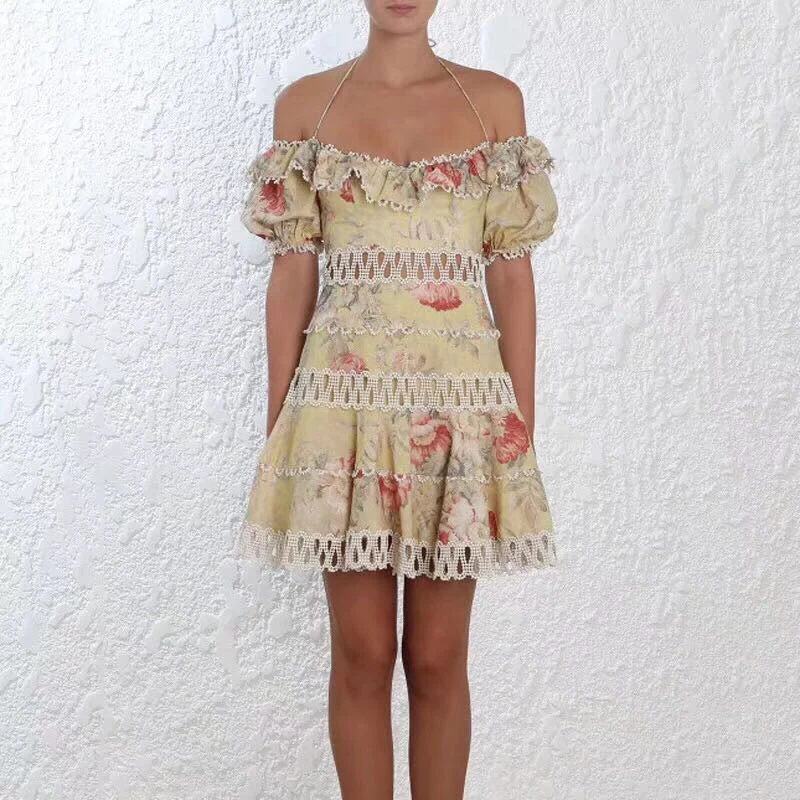 2019 Spring Runway Designer Floral Print Slash Neck Woman Mini Dress Ruffles Hollow Out Woman Lace Dress Vestidos de Fiesta
2019 Spring Runway Designer Floral Print Slash Neck Woman Mini Dress Ruffles Hollow Out Woman Lace Dress Vestidos de Fiesta