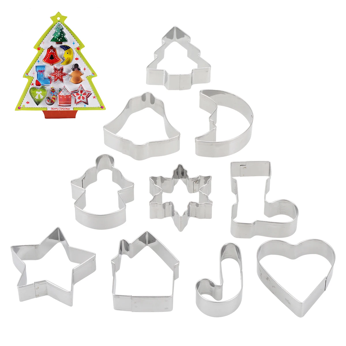 10pcs/set Christmas Cookie Cutters Cake Mould Mold Xmas Tree Star House Bells Snowflake Biscuit Bakeware Tool Stainless steel Ma