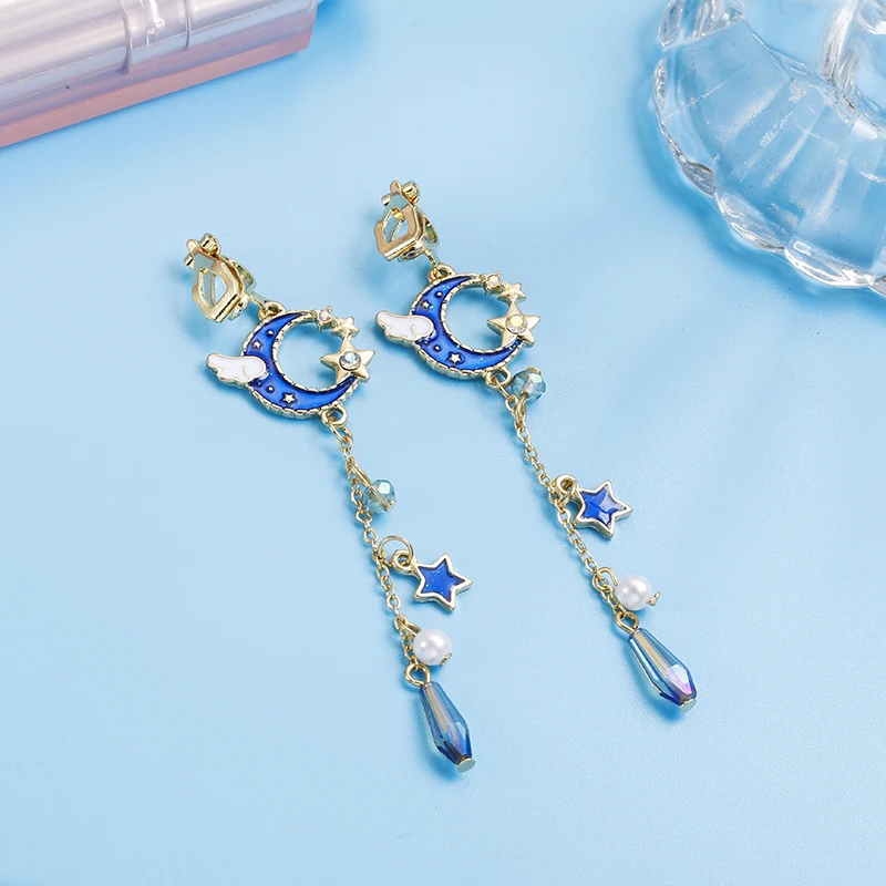 

2018 New Korean Creative Clip On Earrings Cute Blue Universe Moon Star Asymmetric Long Tassel for Girl Women Without Piercing