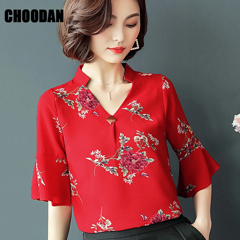Red Blouse Women Shirt V neck Flare Sleeve Printed Short Sleeve Chiffon Summer Tops 2019 New Ladies Korean Fashion Clothing
Red Blouse Women Shirt V neck Flare Sleeve Printed Short Sleeve Chiffon Summer Tops 2019 New Ladies Korean Fashion Clothing