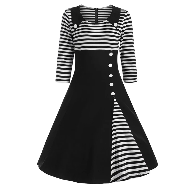 3XL 4XL Plus Size Women Pin Up Black White Striped Casual Dress 2020 3/4 Sleeve Button A Line Vestidos Retro 1950s Vintage | Женская
