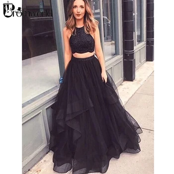 Charming Halter Two Piece Black Long Prom Dresses with Beading A-Line Party Maxys Ruffles Tulle Sparkly Prom Gowns Evening Dress
Charming Halter Two Piece Black Long Prom Dresses with Beading A-Line Party Maxys Ruffles Tulle Sparkly Prom Gowns Evening Dress