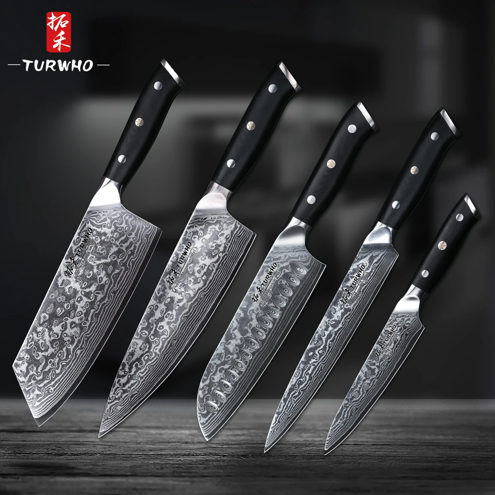 TURWHO 5 Pcs Kitchen Knife Set 67 layers Japanese Damascus Stainless Steel Santoku Cleaver Chef Paring Knives G10 Handle
TURWHO 5 Pcs Kitchen Knife Set 67 layers Japanese Damascus Stainless Steel Santoku Cleaver Chef Paring Knives G10 Handle
