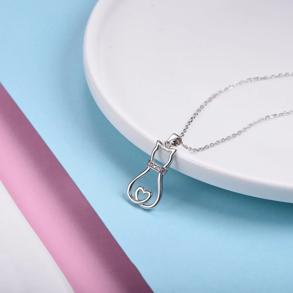 Lovely Cute Animal CZ Women's Fashion Jewelry Sterling Silver Cat Pendant Necklace - PeticaDeals