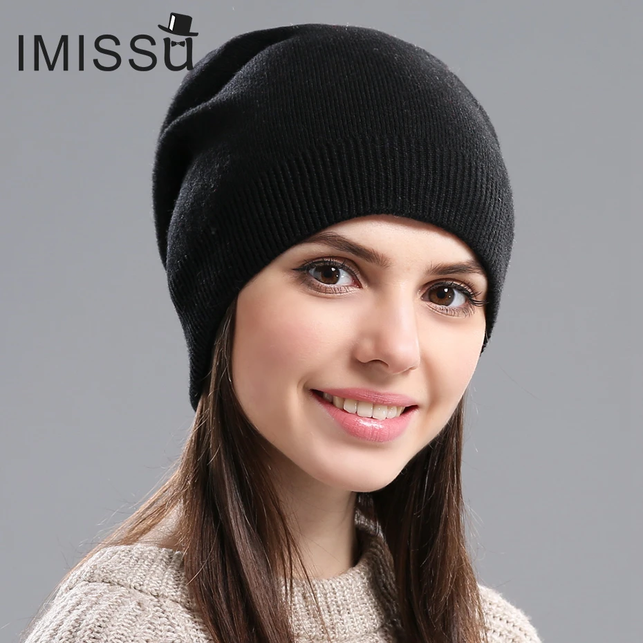 

IMISSU Autumn Winter Hats Unisex Knitted Real Wool Skullies Casual Beanie Solid Colors Ski Gorros Fashion Cap Warm Muts Hat
