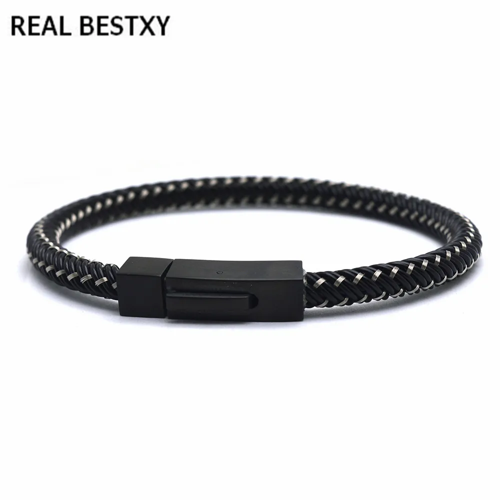 REAL BESTXY 6mm Punk Men Jewelry Black Braided wire Bracelet Stainless Steel Clasp Fashion Bangles men bracelets for friend
REAL BESTXY 6mm Punk Men Jewelry Black Braided wire Bracelet Stainless Steel Clasp Fashion Bangles men bracelets for friend