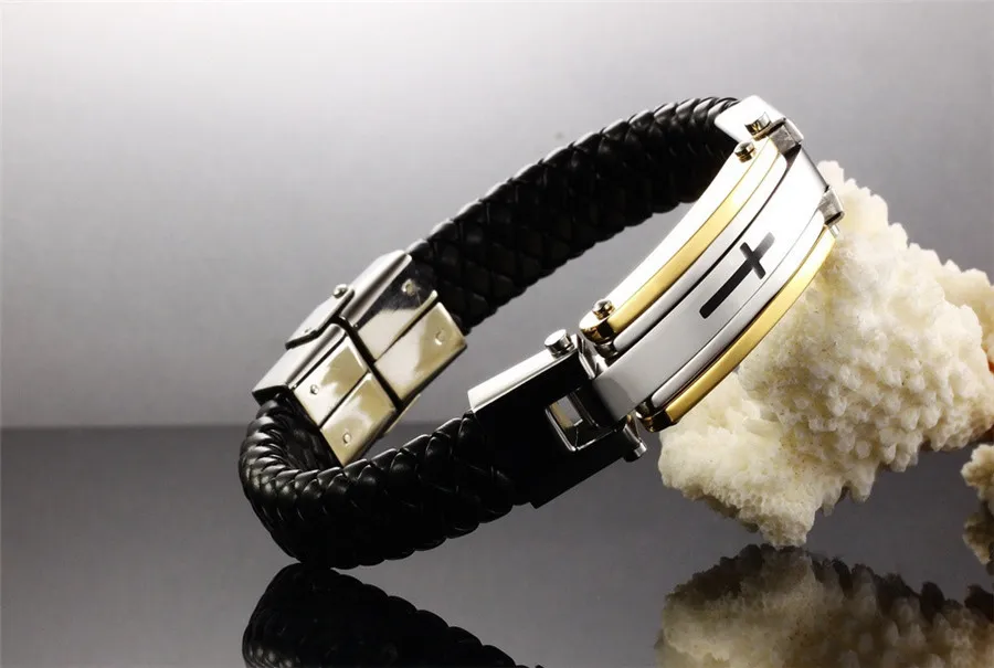XQNI Vintage Leather Wrap Bracelet For Man Fashion Handmade Knitted Bangle Black/Gold Color Full Steel Cross Men Jewelry 17