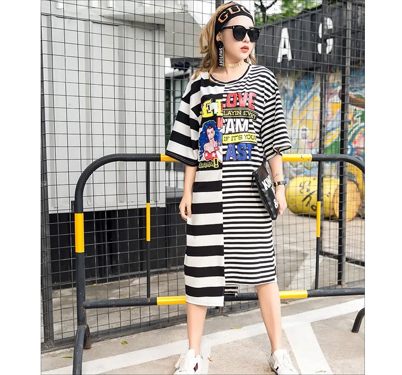2018 Female Fashion Cartoon Print Sequins Dress High Street Stripe Patchwork T-Shirt Dress Casual Loose Irregular Trim Dresses
2018 Female Fashion Cartoon Print Sequins Dress High Street Stripe Patchwork T-Shirt Dress Casual Loose Irregular Trim Dresses