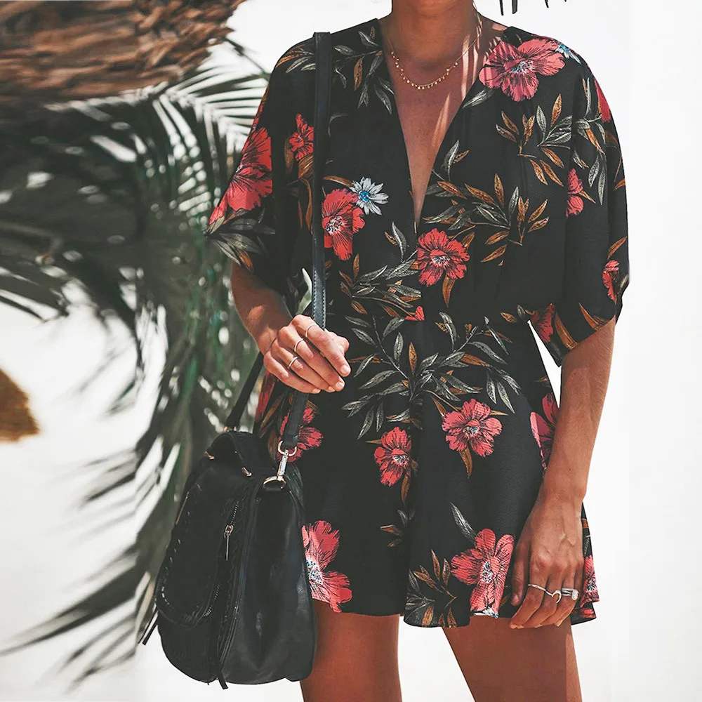 Playsuits Women Sexy Backless V-neck Rompers Floral Print Half Sleeve Mini Jumpsuit Rompers Women Top Summer Beach
Playsuits Women Sexy Backless V-neck Rompers Floral Print Half Sleeve Mini Jumpsuit Rompers Women Top Summer Beach