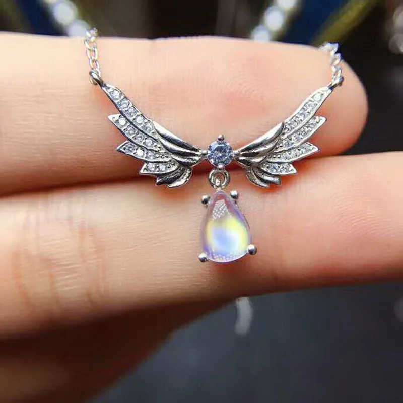 Fidelity natural 5*7mm moonstone (lovers of stone) pendants s925 sterling silver wing fine jewelry for women party blue gemstone | Украшения