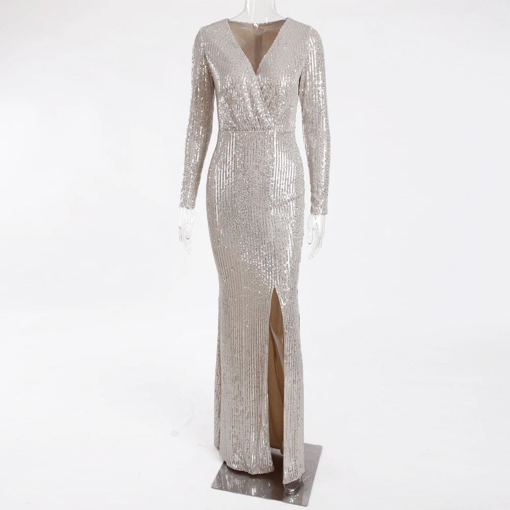Deep V Neck Stretchy Shiny Silver Sequin Party Dress Bodcyon Split Floor Length Long Sleeve Full Lining Tight Package Hips Dress
Deep V Neck Stretchy Shiny Silver Sequin Party Dress Bodcyon Split Floor Length Long Sleeve Full Lining Tight Package Hips Dress