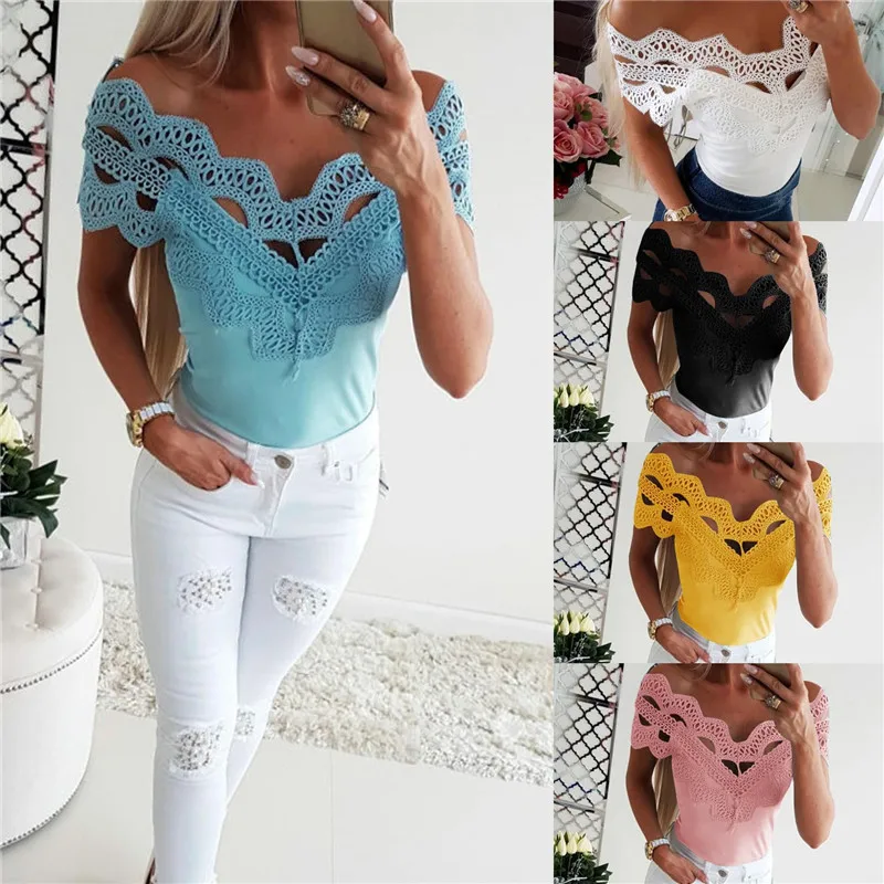 Sexy Slash Neck Lace Hollow Patchwork Slim T Shirt Top 2019 Summer Women Solid Casual Short Sleeve Tees Female Ladies Clothes XL
Sexy Slash Neck Lace Hollow Patchwork Slim T Shirt Top 2019 Summer Women Solid Casual Short Sleeve Tees Female Ladies Clothes XL