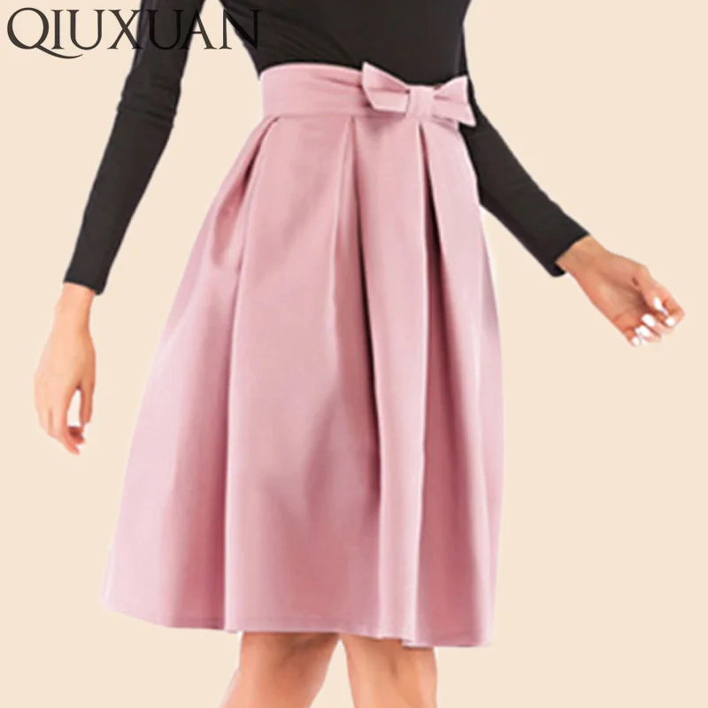 Qiuxuan Solid Color Women Spring Autumn Midi Skirts Bow-Knot High Waist Pleating Detail Knee Length Skirt Female Skater Skirt
Qiuxuan Solid Color Women Spring Autumn Midi Skirts Bow-Knot High Waist Pleating Detail Knee Length Skirt Female Skater Skirt