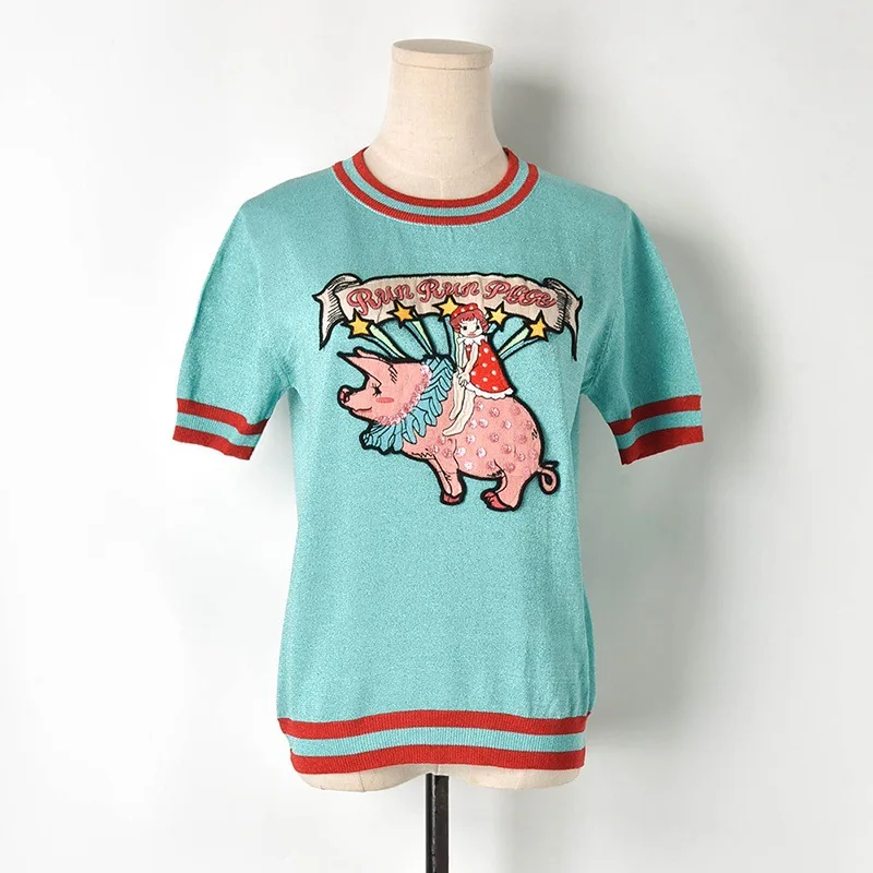 Runway Design Tshirt Women Knitted Top Summer Striped Pig T shirt Short Sleeve Harajuku Tops Fashion Camisetas Mujer Verano 2019
Runway Design Tshirt Women Knitted Top Summer Striped Pig T shirt Short Sleeve Harajuku Tops Fashion Camisetas Mujer Verano 2019