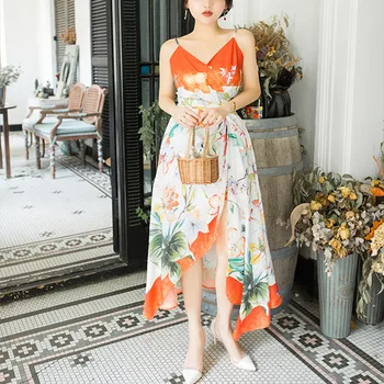 HAMALIEL New Summer Beach Sundress Sexy Women Chiffon Flower Print Spaghetti Strap Irregula Long Dress Slim Maxi Holiday Dress
HAMALIEL New Summer Beach Sundress Sexy Women Chiffon Flower Print Spaghetti Strap Irregula Long Dress Slim Maxi Holiday Dress