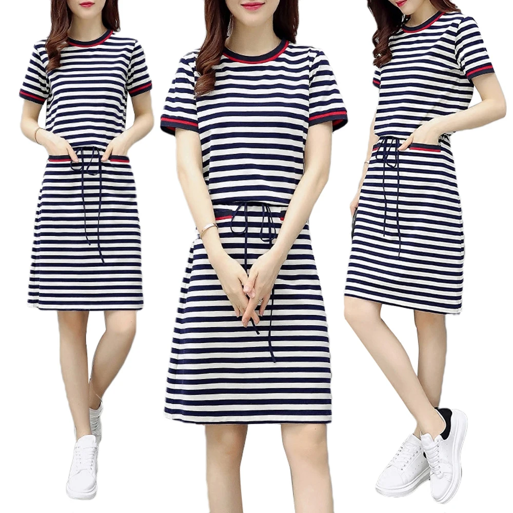 Casual Striped Woman Summer Dress With Pockets Lace Up Waist Female T-shirt Dress Short Sleeve O-neck Fashion Sport Middle Dress
Casual Striped Woman Summer Dress With Pockets Lace Up Waist Female T-shirt Dress Short Sleeve O-neck Fashion Sport Middle Dress