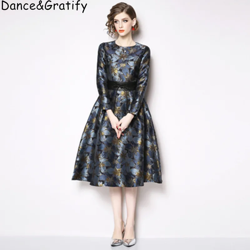 New 2019 High Quality Women Vintage Jacquard Runway Dress Long Sleeve Party Ball Gown Vestidos With Faux Leather Belt
New 2019 High Quality Women Vintage Jacquard Runway Dress Long Sleeve Party Ball Gown Vestidos With Faux Leather Belt