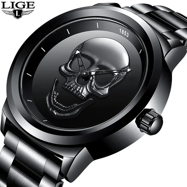 

2019 LIGE Brand Cool punk style Pirate Skeleton Skull Quartz Mens Watches Mesh Steel sports Black Watch Men Relogio Masculino