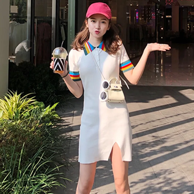 Summer New Thin White Knitted Dress Women Turn-down collar Button Rainbow Stripes Patchwork Casual Student Knitting Dresses
Summer New Thin White Knitted Dress Women Turn-down collar Button Rainbow Stripes Patchwork Casual Student Knitting Dresses