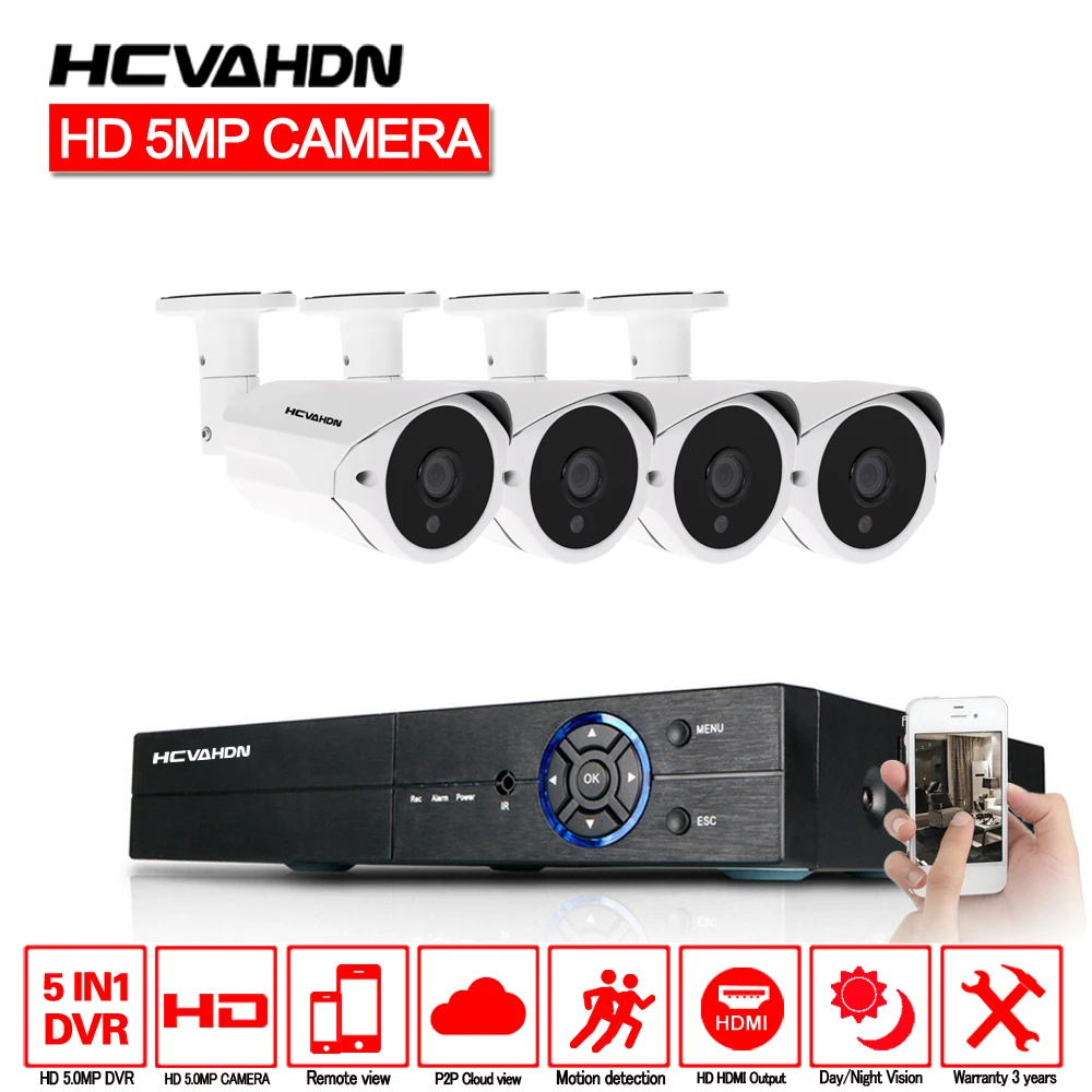 

HCVAHDN 4CH 5MP AHD DVR Kit CCTV Camera System 4PCS 5.0MP Security Camera IP66 Outdoor Video Surveillance System APP View